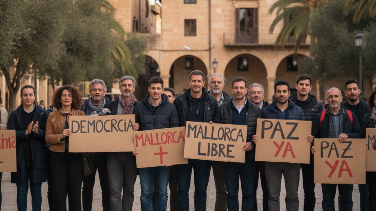 Menschen unterschiedlicher Herkunft vereint in einem öffentlichen Platz auf Mallorca, symbolisierend politische Spannungen und demokratischen Widerstand