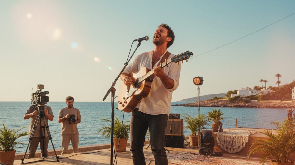 Chris Brandon bei einem begeisterten Musikauftritt im Spätsommer auf Mallorca mit mediterranem Hintergrund