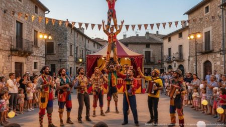 Bunte Zirkusvorstellung mit Akrobatik, Musik und Magie während des Circ Bover Festivals in Pollença
