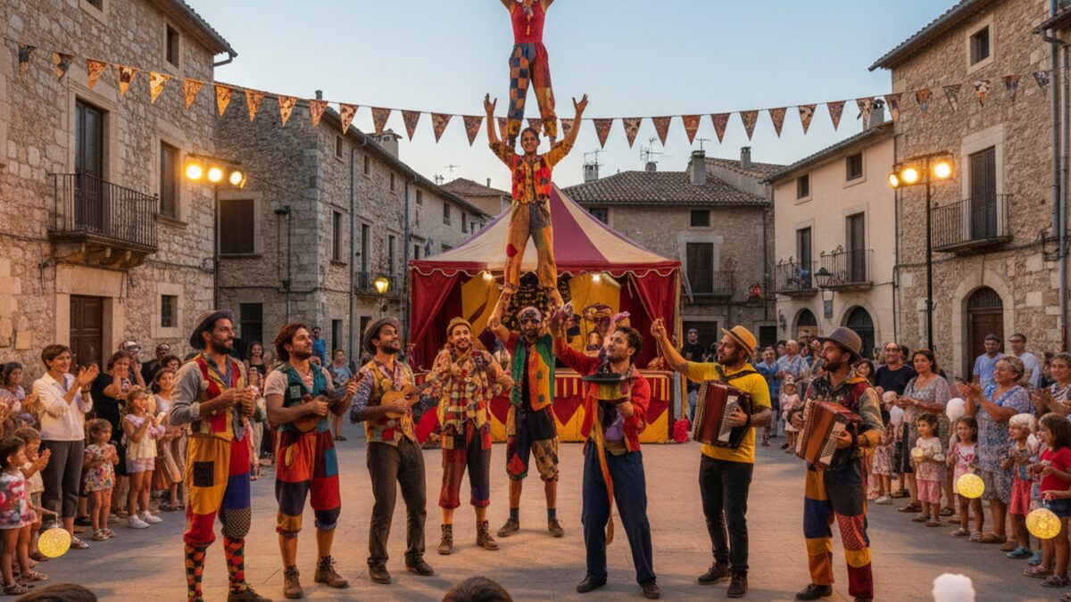 Bunte Zirkusvorstellung mit Akrobatik, Musik und Magie während des Circ Bover Festivals in Pollença