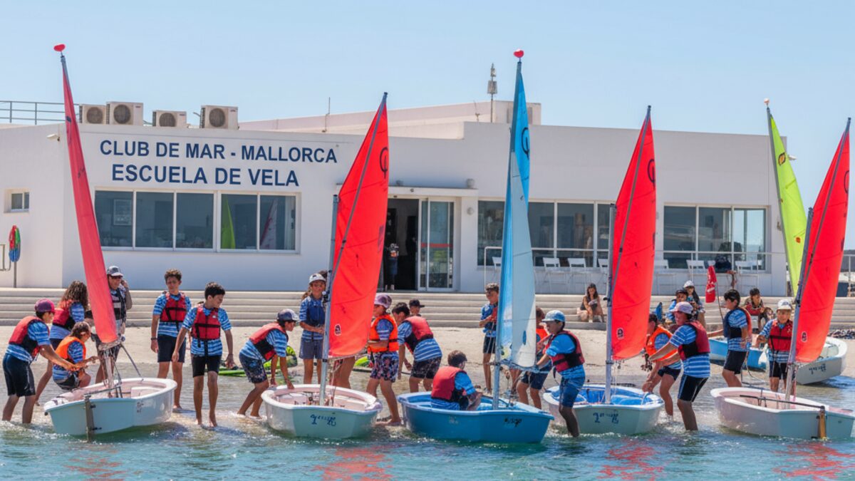 Kinder beim Segeln an der neuen Segelschule des Club de Mar-Mallorca während der Eröffnung an einem sonnigen Tag
