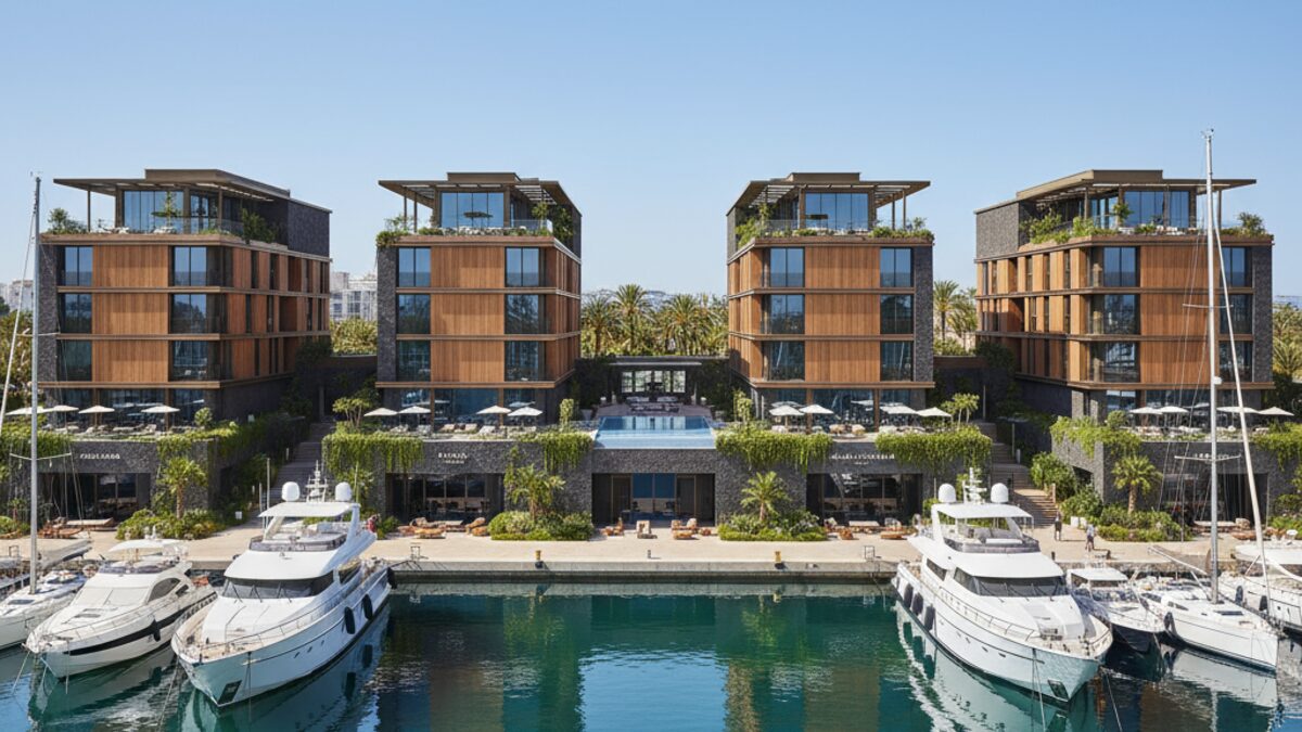 Moderner Club de Mar Komplex in Palma de Mallorca mit Yachten, grünen Pflanzen und Nachtclub in hellem Tageslicht