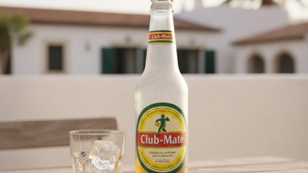 Club-Mate jetzt auf Mallorca: Berlinisches Kultgetränk erobert die Insel Flasche Club-Mate Erfrischungsgetränk auf einem Holztisch im mediterranen Café auf Mallorca
