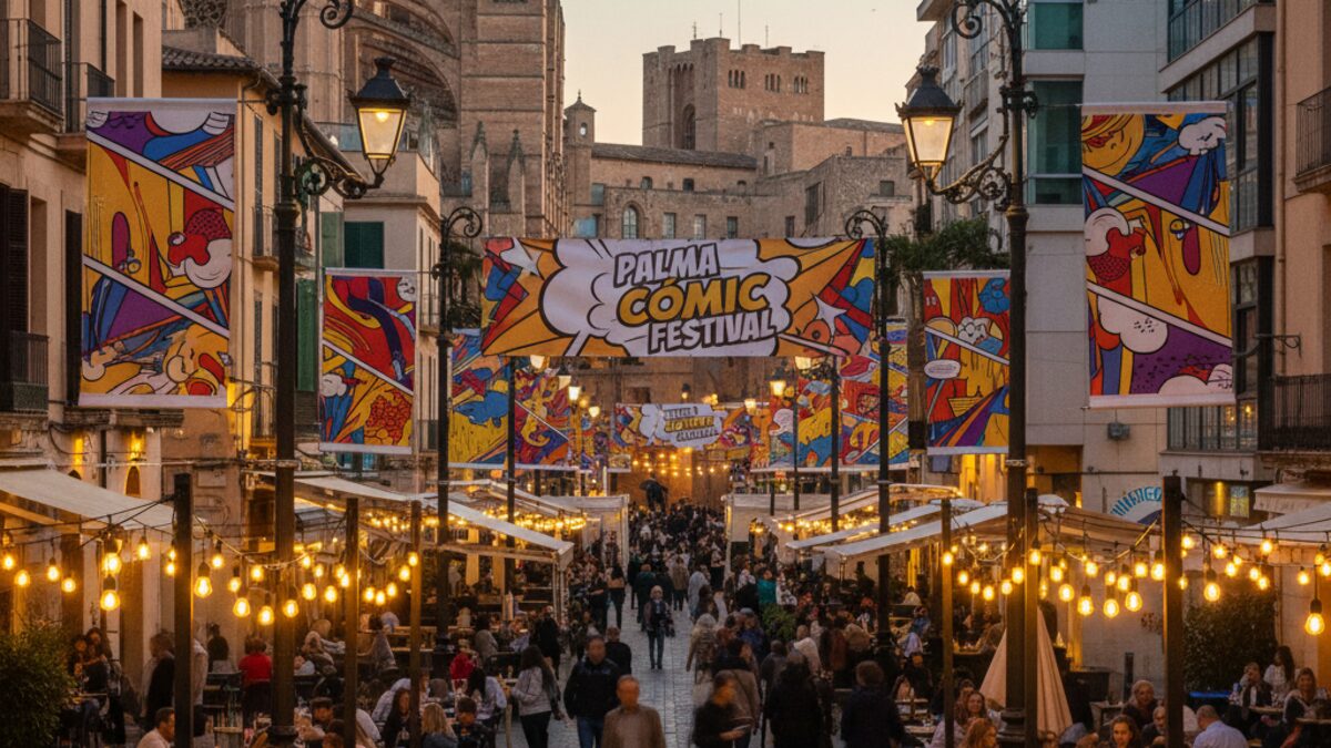 Atmosphaerische strassenszene mit restaurantterrassen und comic-festival-banner in palma bei abendlicht