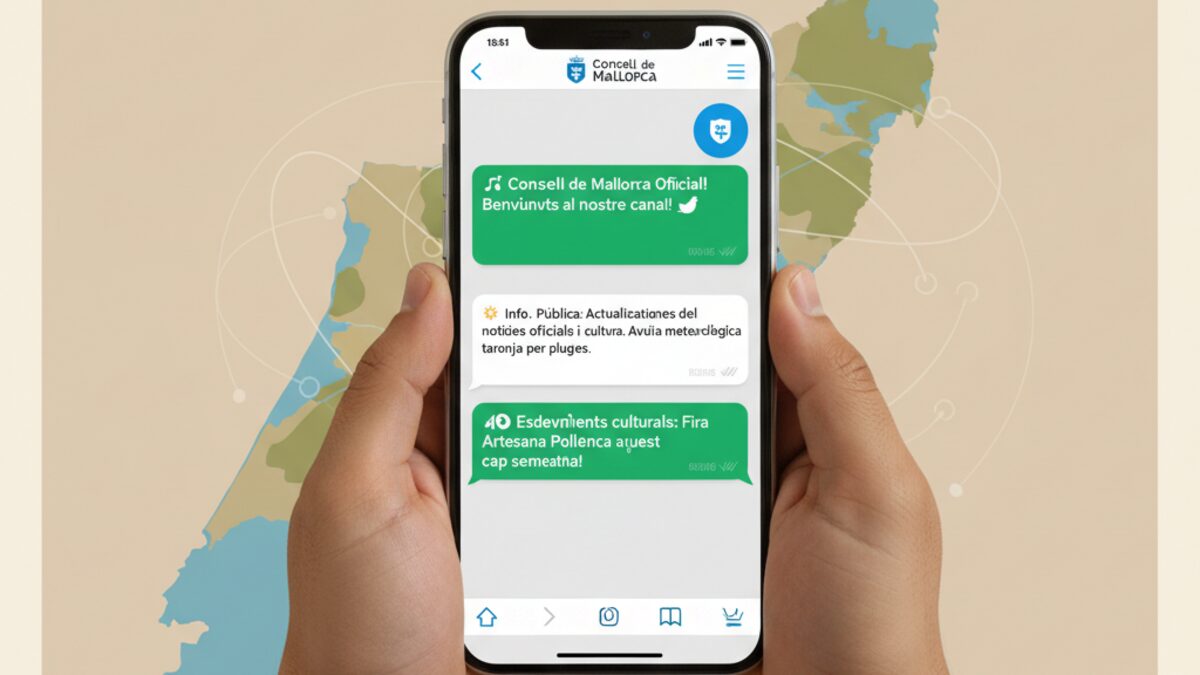 Smartphone mit WhatsApp-Nachrichten zu öffentlichen Informationen des Consell de Mallorca vor mediterranem Hintergrund