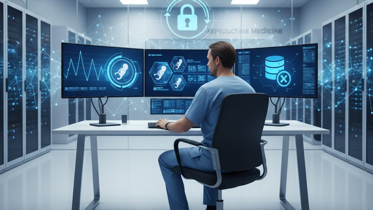 Mitarbeiterin im Krankenhaus Son Llàtzer vor Computer mit Daten zur Embryonenspeicherung in sauberem, klinischem Büro