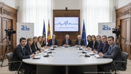 Debatte um Medienfreiheit auf den Balearen entfacht Politiker und Medienprofis in einem parlamentarischen Raum diskutieren über Medienfreiheit auf den Balearen mit Symbolen von öffentlich-rechtlichen Medien im Hintergrund