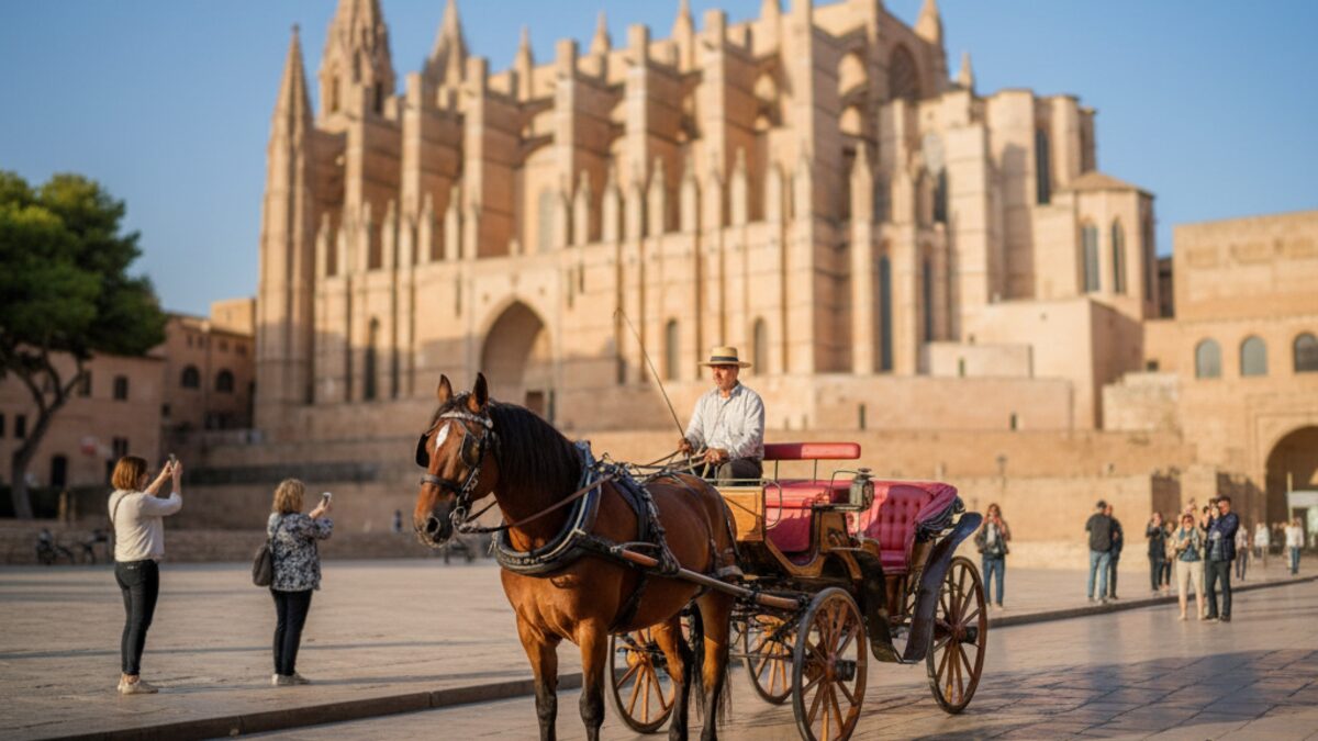 Traditionelle Pferdekutsche vor der Kathedrale von Palma auf Mallorca unter strahlendem Himmel mit Touristen im Hintergrund