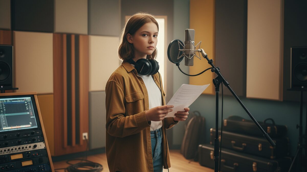 Junges Mädchen im professionellen Tonstudio beim Singen, symbolisiert Lilos Debütsingle Peace Please mit Botschaft von Frieden und Hoffnung