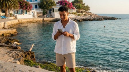 Person hält ein gefundenes Smartphone vor einer Küstenlandschaft auf Mallorca, symbolisch für die Rückführung eines verlorenen Geräts nach London