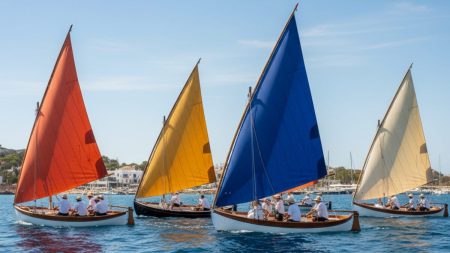 Traditionelle Llaüts mit lateinischen Segeln segeln bei sonnigem Wetter nahe der Küste von Cala Gamba.
