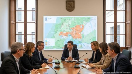 Stadtratssitzung im Rathaus von Palma mit Diskussion über Bauverbote auf ländlichen Flächen und Stadtkarte im Hintergrund