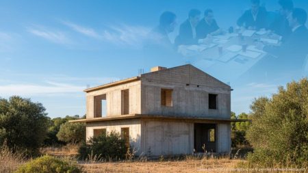 Diskussion um Schutz des John Barry-Chalés auf Mallorca Foto des unvollendeten John Barry-Chalés in Santa Margalida, Mallorca, bei Tageslicht mit mediterraner Umgebung