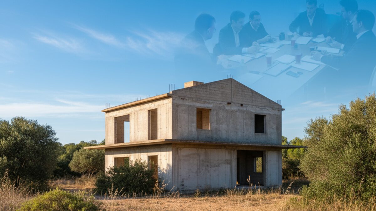 Foto des unvollendeten John Barry-Chalés in Santa Margalida, Mallorca, bei Tageslicht mit mediterraner Umgebung