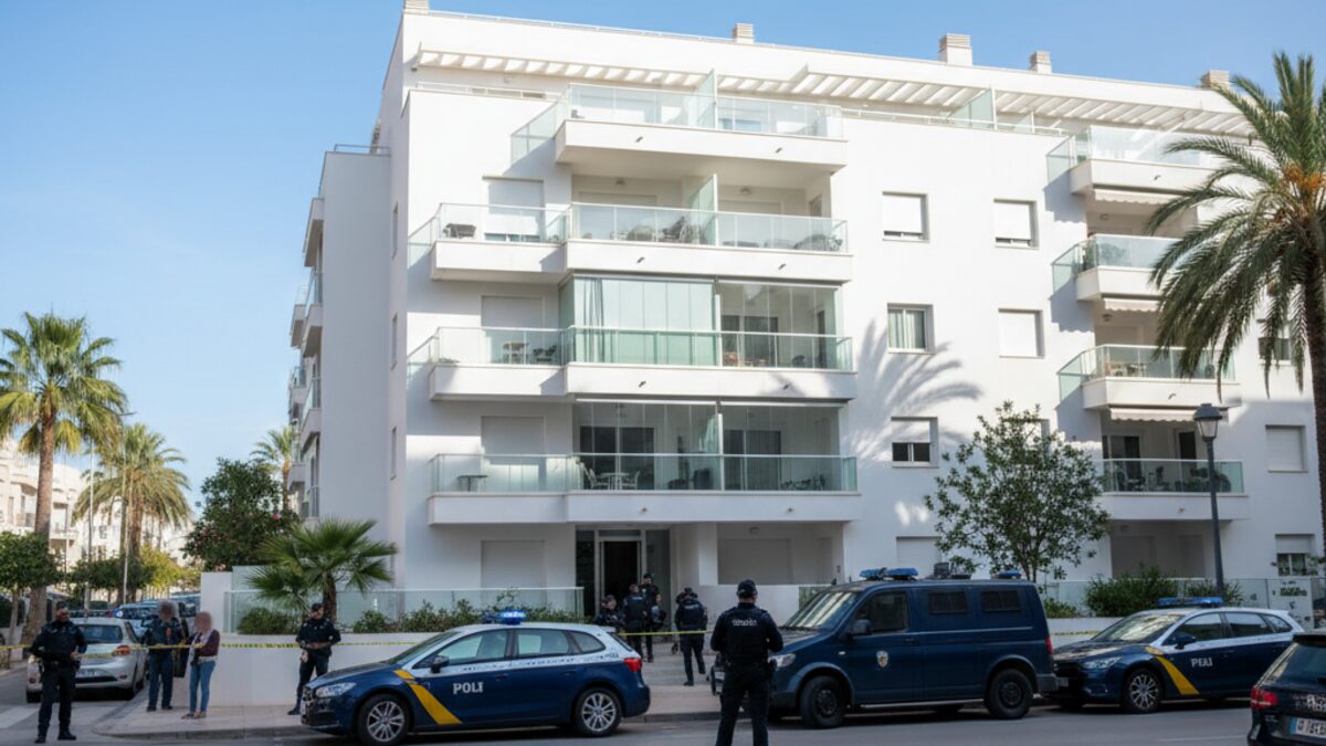 Polizeieinsatz bei der Durchsuchung eines Wohnhauses in Palma wegen Drogenhandel mit Einsatzfahrzeugen und Beamten