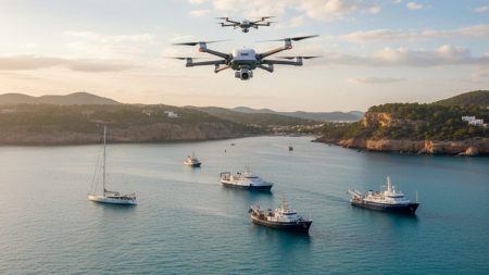 Drohnenüberwachung der pro-Gaza-Flottille auf Mallorca nimmt zu Drohnen über einer pro-Gaza-Flottille auf dem Meer vor der Küste Mallorcas bei teilweise bewölktem Himmel