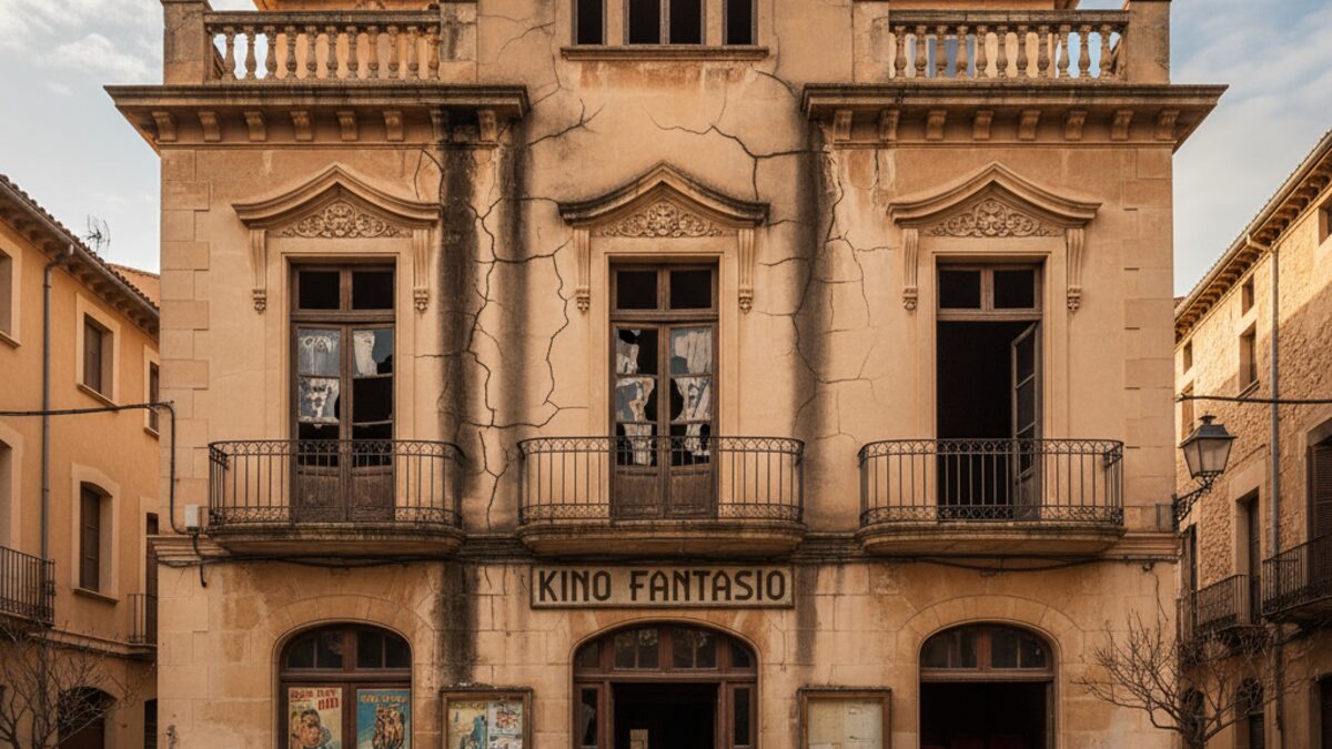 Das ehemalige Kino Fantasio in Sóller mit beschädigter Fassade und sichtbaren Wasserschäden vor dem Umbau zu Wohnraum