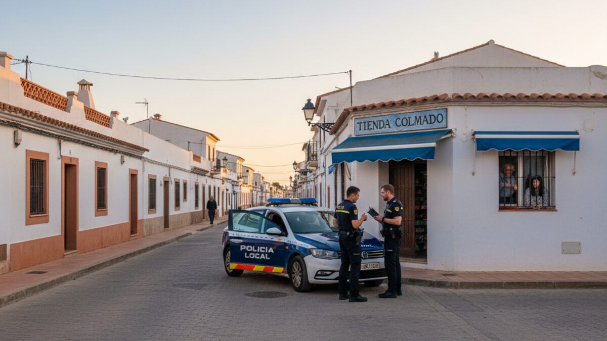 Polizeieinsatz am frühen Morgen in Can Picafort auf Mallorca nach Einbruchserie, zeigt eine Polizeistreife vor einem lokalen Geschäft bei ruhiger Straßenkulisse