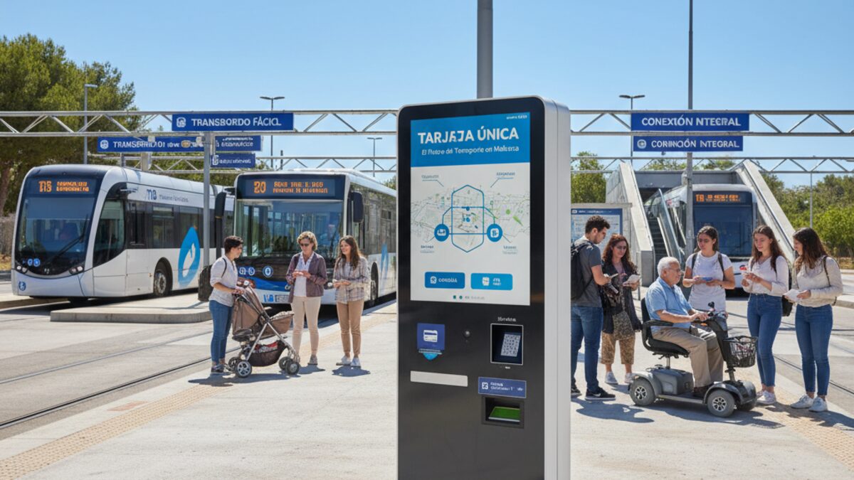 Moderne einheitliche Fahrkarte Tarjeta Única an einem Ticketautomaten mit Bussen, Zug und Metro im Hintergrund auf Mallorca