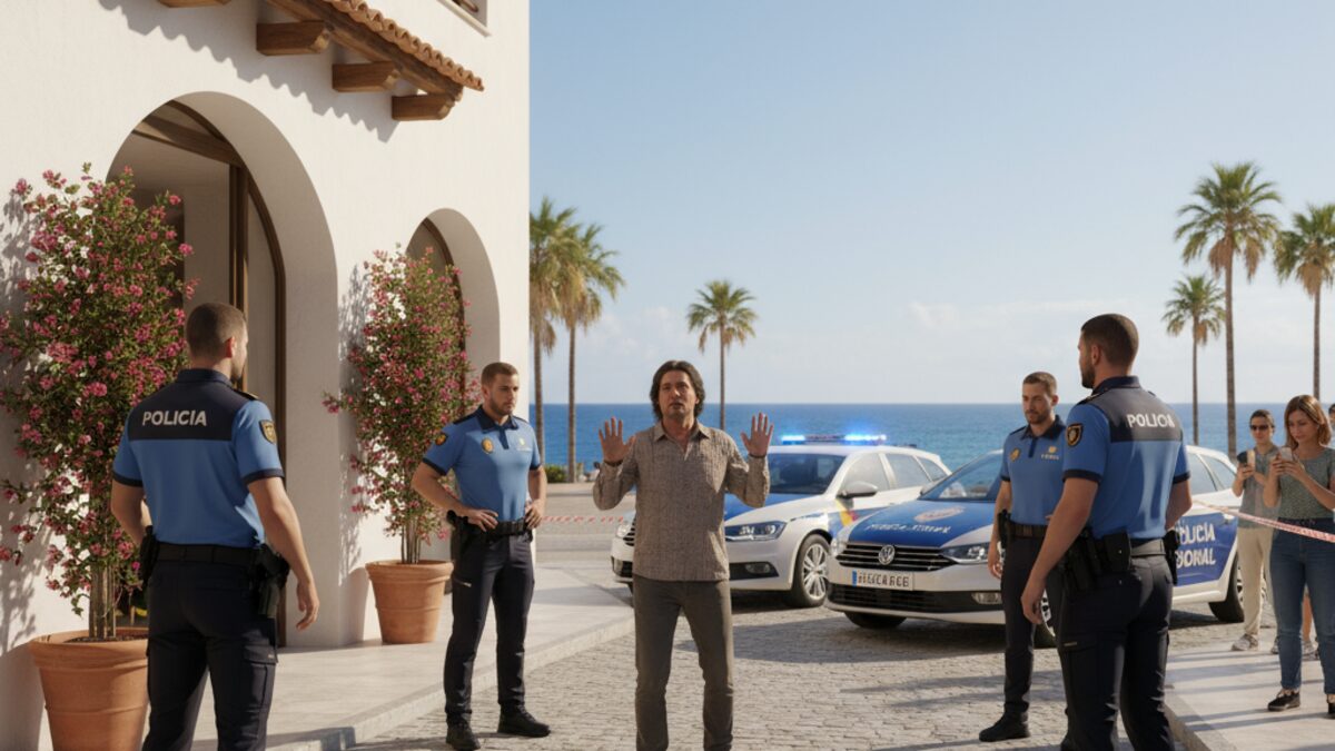 Polizeieinsatz in Llucmajor auf Mallorca vor dem Hotel Bahia de Palma mit einem nervösen Mann und Beamten in einer stressigen, aber kontrollierten Situation