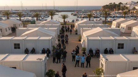 Temporäre Aufnahmeeinrichtung am Hafen von Mallorca mit Migranten und Hilfspersonal bei der Aufnahme und Versorgung