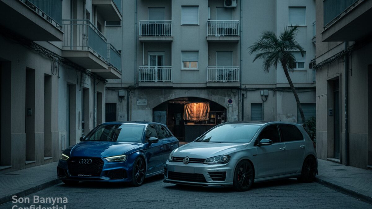 Moderne Luxusautos vor urbanem Hintergrund symbolisieren El Vitos Führung im Drogenhandel von Son Banya in Palma