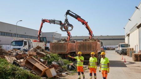 Emaya beseitigt 11 Tonnen Abfall aus illegaler Deponie in Palma Arbeiter in Schutzkleidung entladen und verladen 11 Tonnen Abfall aus illegaler Deponie in Palma Son Castelló mit zwei Kränen und Lastwagen