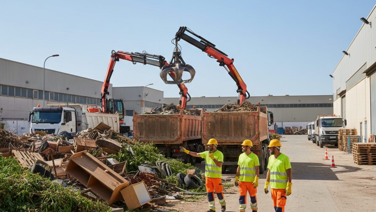 Arbeiter in Schutzkleidung entladen und verladen 11 Tonnen Abfall aus illegaler Deponie in Palma Son Castelló mit zwei Kränen und Lastwagen