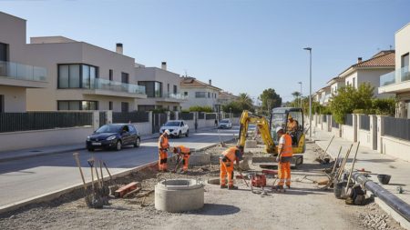 Emaya erneuert Kanalnetz in Son Rapinya vollständig im Oktober Straßenszene mit Bauarbeiten zur Erneuerung des Kanalnetzes in Son Rapinya, Palma mit Arbeitern und geöffneten Inspektionsschächten unter Tageslicht