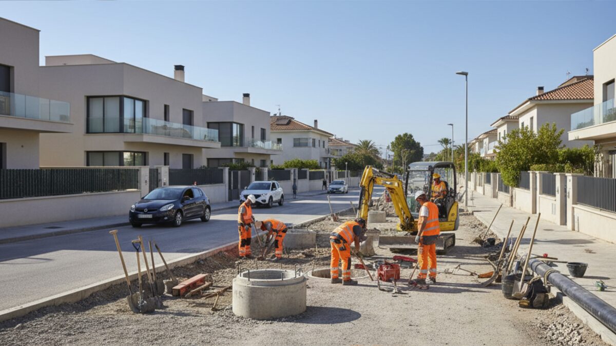 Straßenszene mit Bauarbeiten zur Erneuerung des Kanalnetzes in Son Rapinya, Palma mit Arbeitern und geöffneten Inspektionsschächten unter Tageslicht
