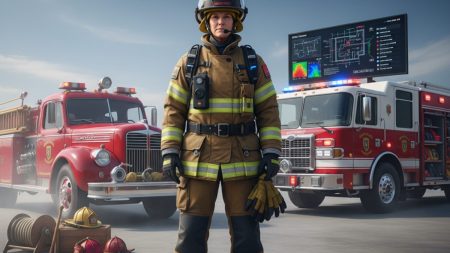 Erfahrener Feuerwehrmann in moderner Schutzkleidung vor Symbolen der historischen und zeitgenössischen Feuerwehrtechnik, reflektiert seine Karriere und Herausforderungen