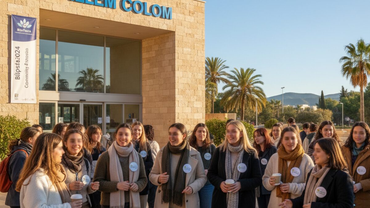 Studierende mit Namensschildern und Getränken vor dem Universitätsgebäude Guillem Colom in Palma de Mallorca bei der beliebten Biofesta