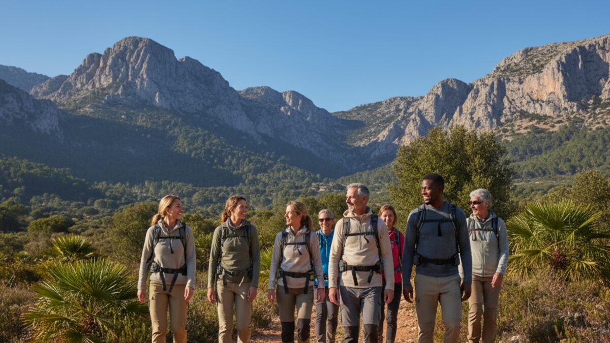 Eine vielfältige Gruppe von Menschen bei einer Wanderung durch die natürliche Landschaft von Mallorca, die Gemeinschaft und gesundes Freizeitvergnügen zeigt.