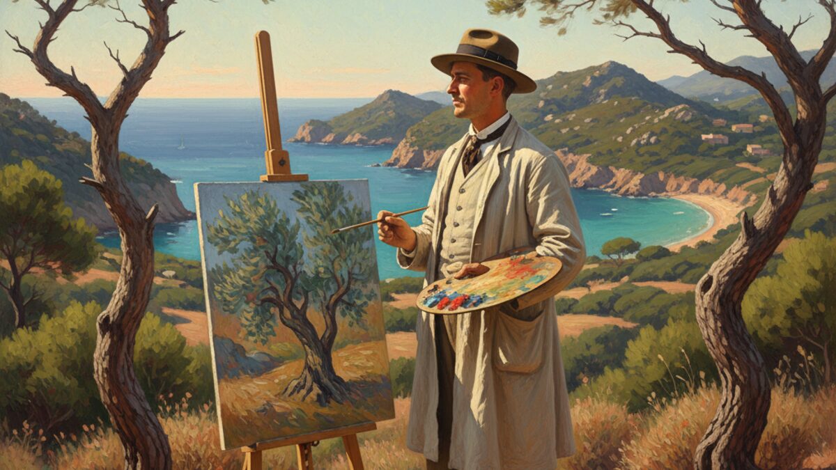 Erwin Hubert, Wiener Maler, malt postimpressionistische Landschaft auf Mallorca mit Küstenblick