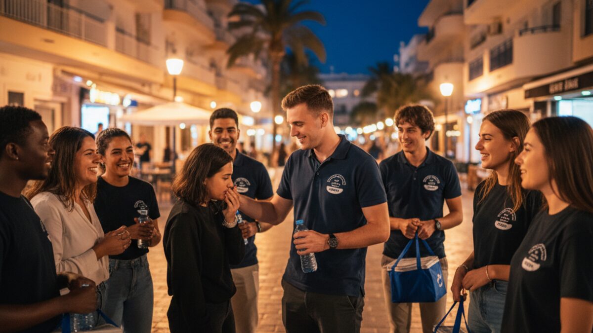 Junge christliche Freiwillige bieten nachts freundliche Unterstützung im Nachtleben von Magaluf mit Wasser und Gesprächen