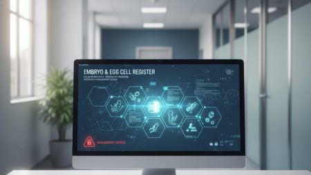 Ex-Mitarbeiterin löscht Embryonen-Register in Palma de Mallorca Digitales Interface in einem Krankenhaus zeigt medizinische Datenregistrierung im Zusammenhang mit Embryonen im Krankenhaus von Palma de Mallorca