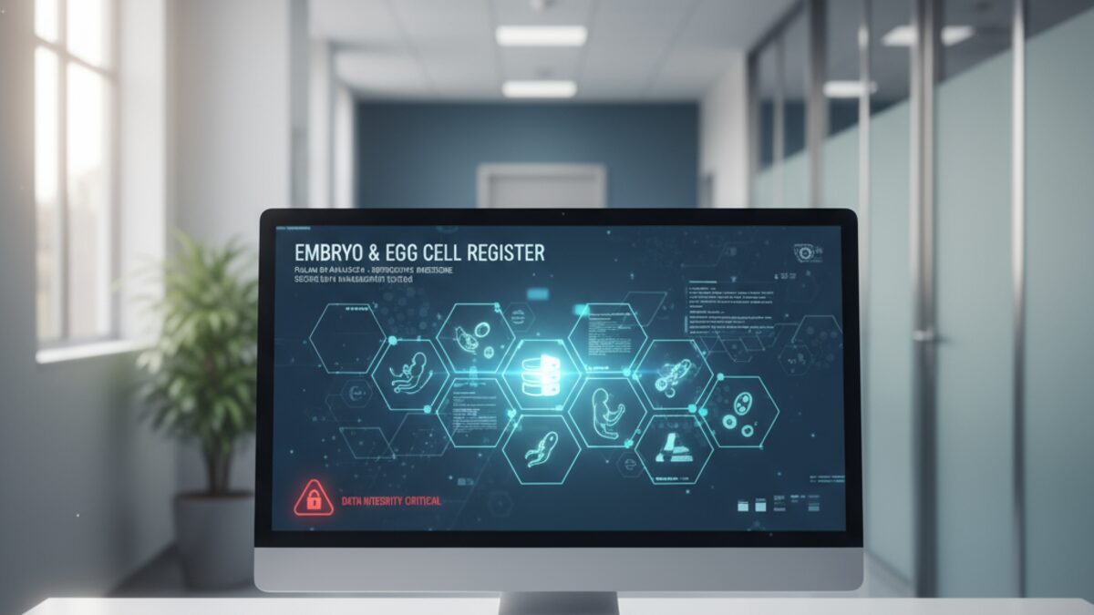 Digitales Interface in einem Krankenhaus zeigt medizinische Datenregistrierung im Zusammenhang mit Embryonen im Krankenhaus von Palma de Mallorca