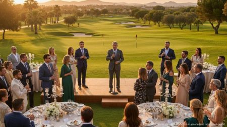 Exklusive Jubiläumsfeier im T Golf Calvià auf Mallorca Exklusive 10-jähriges Jubiläum Feier im T Golf Calvià Mallorca mit elegant gekleideten Gästen bei Sonnenuntergang auf der Terrasse des Golfclubs