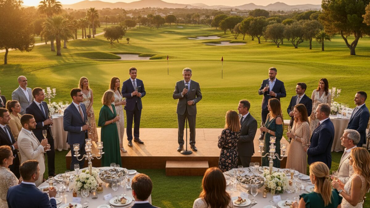Exklusive 10-jähriges Jubiläum Feier im T Golf Calvià Mallorca mit elegant gekleideten Gästen bei Sonnenuntergang auf der Terrasse des Golfclubs