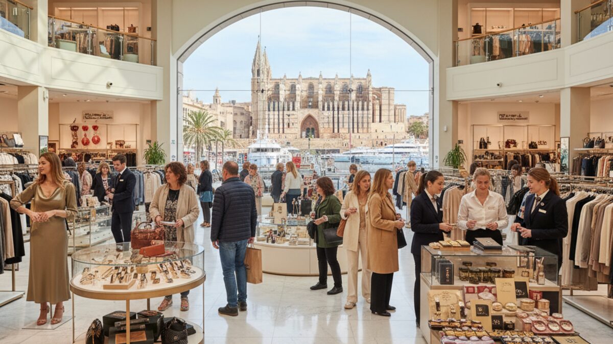 Innenansicht von El Corte Inglés in Palma de Mallorca mit luxuriösen Modeartikeln, Gourmet-Bereichen und Aussicht auf die Kathedrale und den Hafen