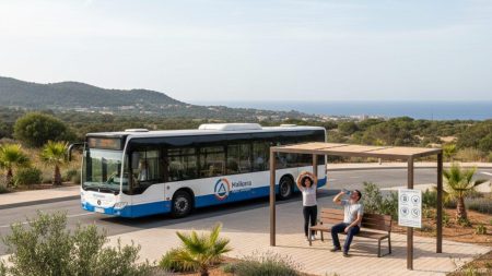 Mehr Sicherheit im Nahverkehr auf Mallorca: Fahrerpausen werden Pflicht Moderner Linienbus auf Mallorca steht an einer Halte- und Ruhezone, Busfahrer macht Pause zur Erhöhung der Verkehrssicherheit im Nahverkehr