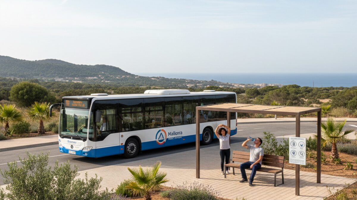 Moderner Linienbus auf Mallorca steht an einer Halte- und Ruhezone, Busfahrer macht Pause zur Erhöhung der Verkehrssicherheit im Nahverkehr