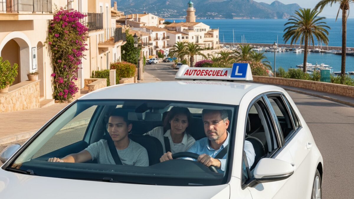 Fahrschüler bei einer Fahrstunde in einem Auto auf Mallorca vor mediterraner Kulisse, symbolisch für Herausforderungen in Fahrschulen und niedrige Bestehensquoten.