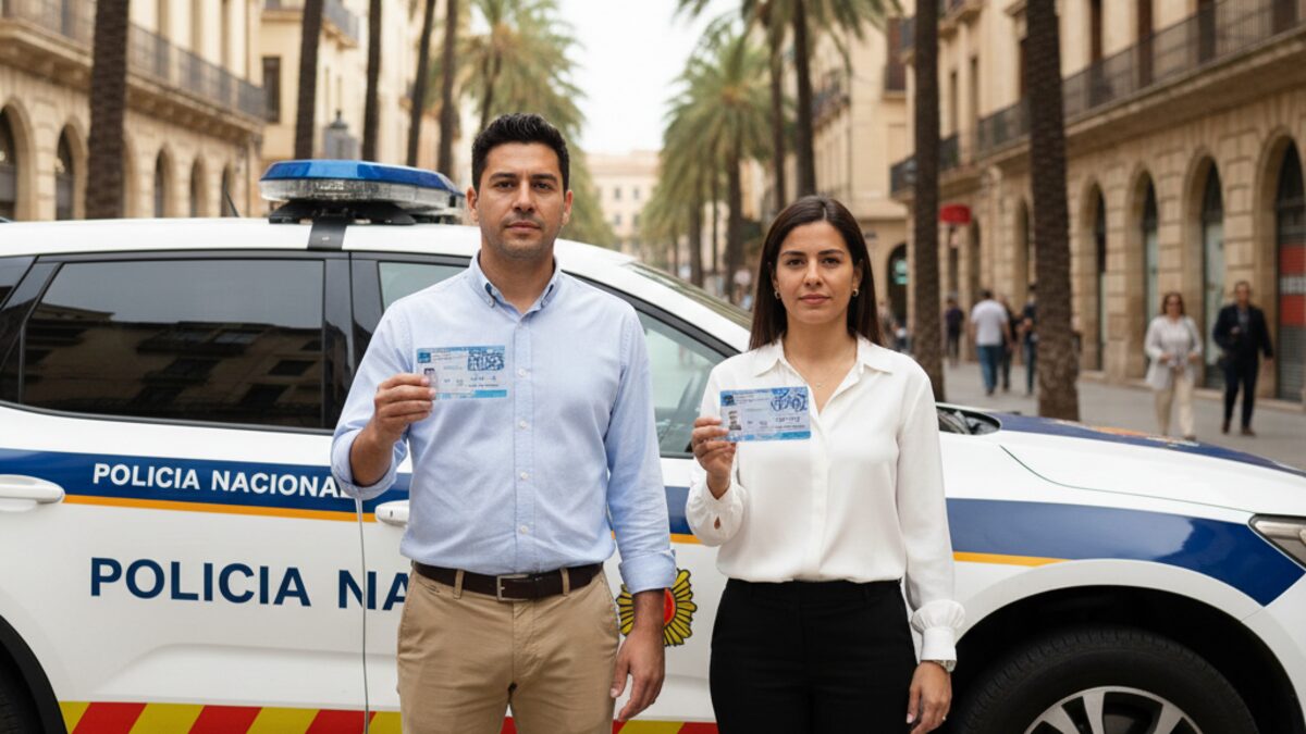 Polizeikontrolle in Palma mit zwei Personen mit gefälschten Führerscheinen vor einem Polizeiauto