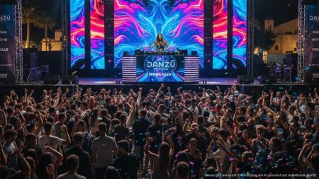 Fatima Hajji beendet glanzvoll das Danzû Festival auf Mallorca Fatima Hajji als DJ bei der Abschlussveranstaltung des Danzû Festivals auf Mallorca vor einer großen, begeisterten Menschenmenge bei Nacht mit bunten Bühnenlichtern.