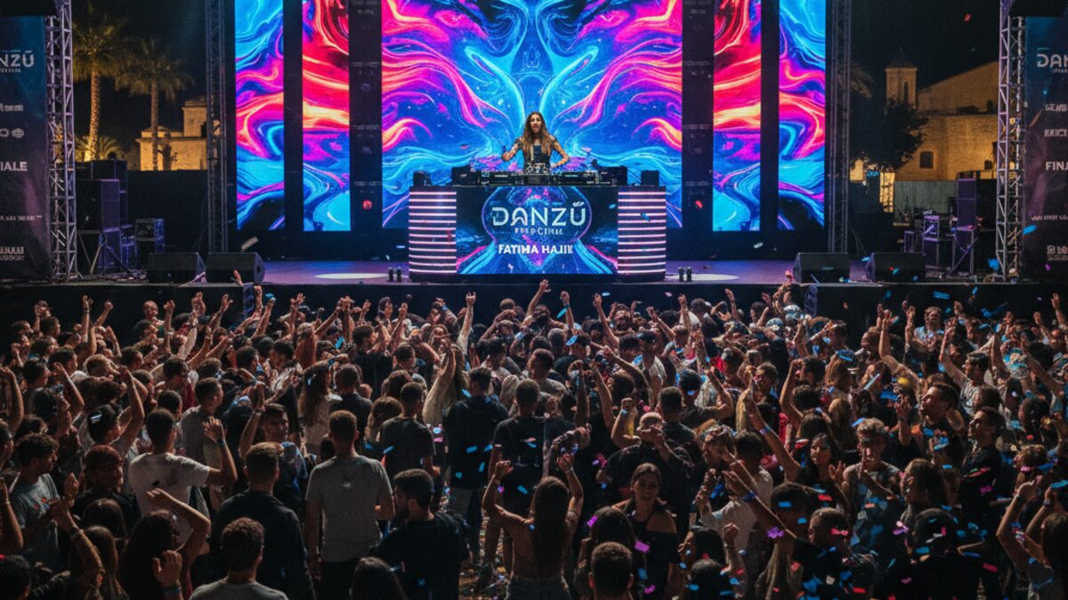 Fatima Hajji als DJ bei der Abschlussveranstaltung des Danzû Festivals auf Mallorca vor einer großen, begeisterten Menschenmenge bei Nacht mit bunten Bühnenlichtern.