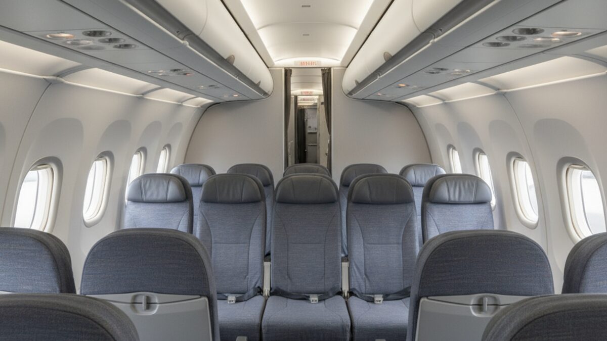 Innenraum eines Airbus A320 mit fensterlosen Sitzplätzen in den hinteren Reihen der Flugzeugkabine