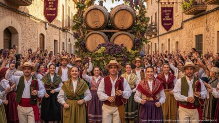 Festes des Vermar in Binissalem: Tradition und Gemeinschaft im Mittelpunkt Festliche Menschen in traditioneller Kleidung bei der Festes des Vermar in Binissalem mit Trauben und Weinfässern im Hintergrund
