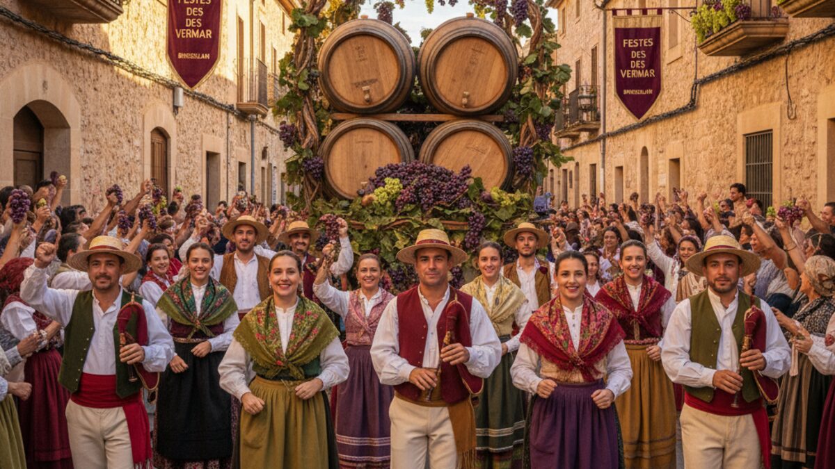 Festliche Menschen in traditioneller Kleidung bei der Festes des Vermar in Binissalem mit Trauben und Weinfässern im Hintergrund