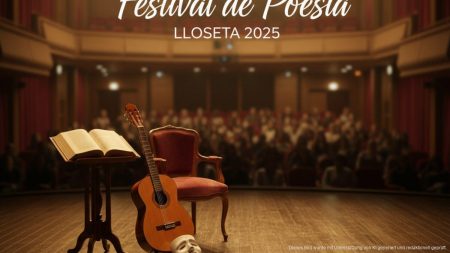Festival de Poesie 2025 in Lloseta: Literatur, Musik und Theater Bühnenbild mit poetischem Buch, klassischer Gitarre und Theatermaske im Teatre Lloseta, Festival de Poesie 2025
